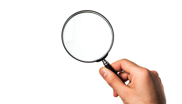 Magnifying glass held by hand on transparent background, tool for examination, png image. PNG