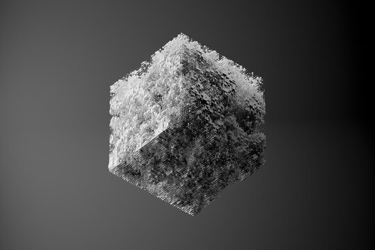 3D voxel data cube with fragmented grid and dark gradient