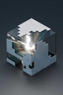 3D luminous glass cube with layered core and radiant depth