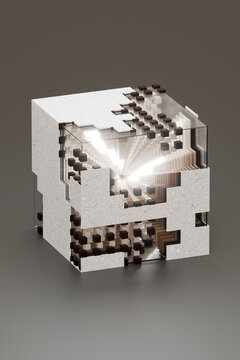 3D modular light cube with geometric shell and bright core