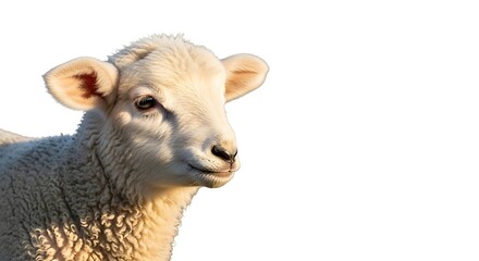 Obraz premium Close up portrait of a fluffy white lamb standing in a sunny meadow with a soft white background