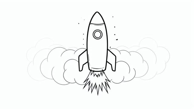 Cartoon rocket ship launching with smoke and flames illustration for coloring book