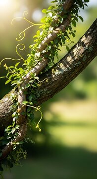 Vibrant green vine with tendrils gracefully entwining a rough tree trunk bathed in warm sunlight creating a natural organic pattern