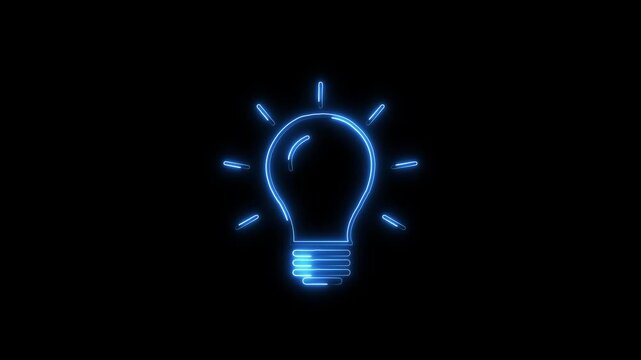Neon electric bulb icon animation on black background. Energy idea, Electric neon bulb with charging icon. Light lamp sign icon Neon light bulb icon with animation