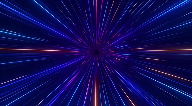 Abstract digital hyper speed background with colored neon rays in cyberspace
