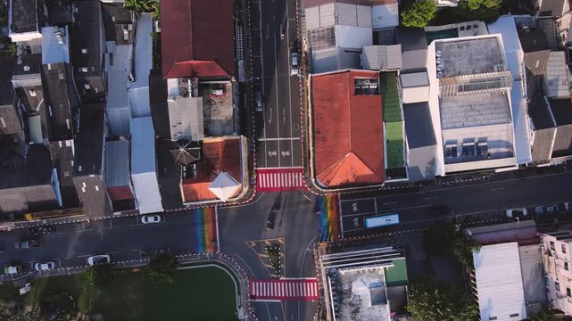 Drone footage Aerial view of Phuket Old Town night market at sunset, in Phuket, Thailand  Sino-Portuguese Architecture The morning is sunny, the weather is nice, and it's a nice place to visit.