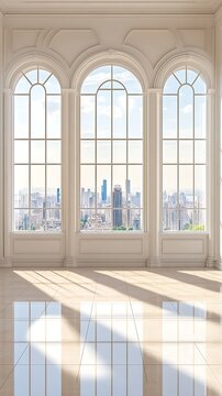 Spacious room with arched windows offering a wide view of the city