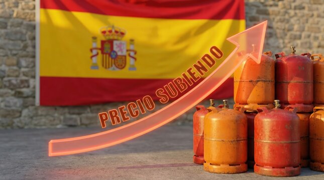 Spanish flag behind a group of orange propane gas cylinders with a transparent upward arrow and the text p r e c i o s u b i e n d o indicating rising energy costs in spain