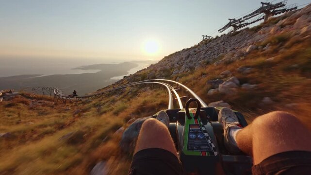 POV of an adrenaline-pumping ride on the Alpine Coaster "Oro" at the top station of the Kotor Cable Car. Stunning panoramic views of the Montenegrin mountains and the Bay of Kotor during a golden hour