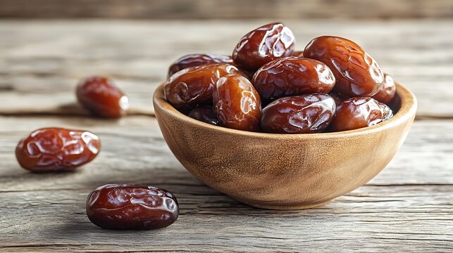 Sweet dried dates in a rustic wooden bowl on a table