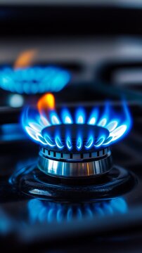 Two bright blue flames burn from gas burners on a stove