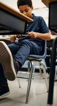 Young boy with ADHD fidgets with pencils at his desk in a classroom setting