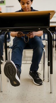 A student with ADHD fidgets with a rubber band in a classroom setting
