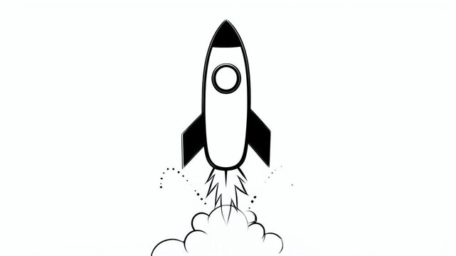 Simple black and white rocket ship illustration taking off on a journey