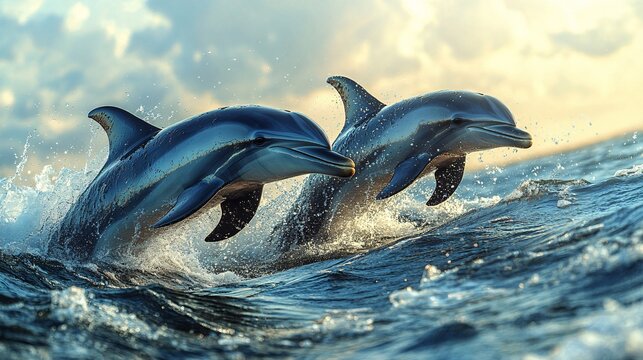 Dolphins leap playfully out of the water beside a boat on a sunny day, their joyful nature on full display in a serene ocean setting.
