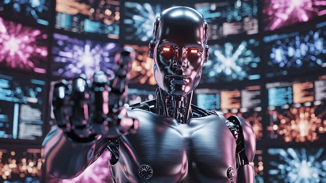 Humanoid robot pointing finger in front of digital screen wall