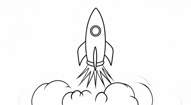 A cartoon rocket ship blasting off with trails of smoke illustration style