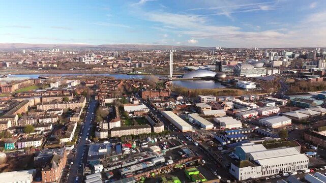 Glasgow Scotland: 13th Feb 2026: Drone view of Glasgow Pacific Quay and dock with the city skyline in the background. Clyde River with buildings and open spaces under a clear sky