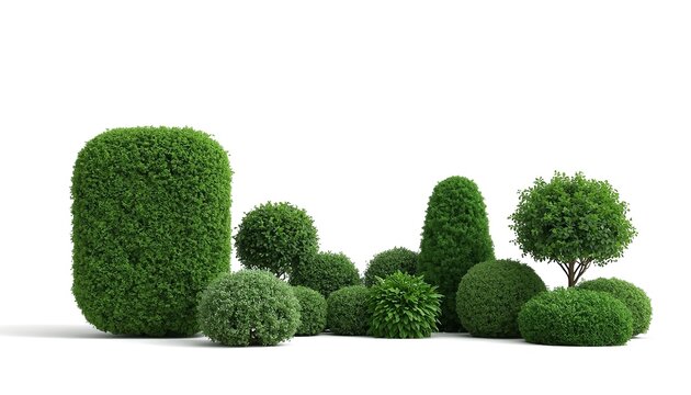 Diverse Collection of Sculpted Green Topiary Shrubbery and Garden Bushes Isolated on Solid White Background