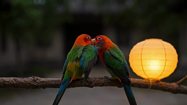 Two colorful Fischer's Lovebirds affectionately interacting on a branch next to glowing lantern