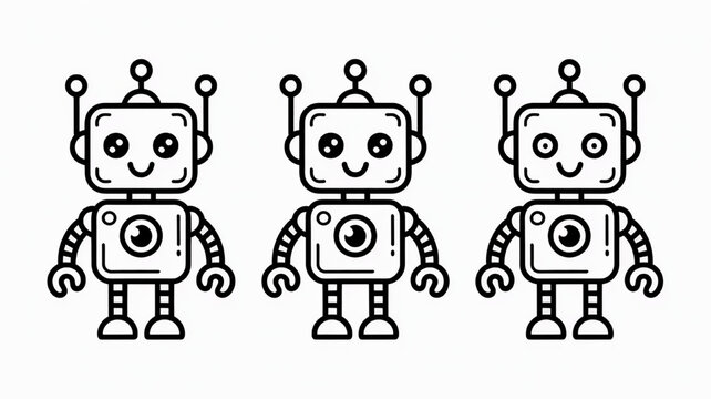 Three cute robot characters simple line art illustration for technology and AI concepts isolated on white background