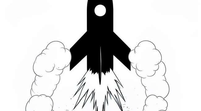 Cartoon style illustration of a black rocket taking off with exhaust clouds