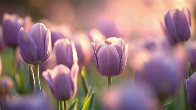 Purple tulips in sunlight on beautiful blurred background outdoors, spring art backdrop, selective focus. Vibrant field of tulip flowers in the spring