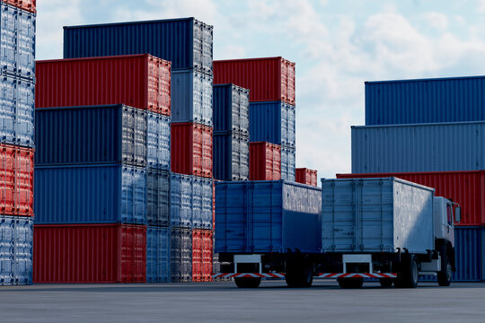 3D cargo container yard with truck loading and stacked freight