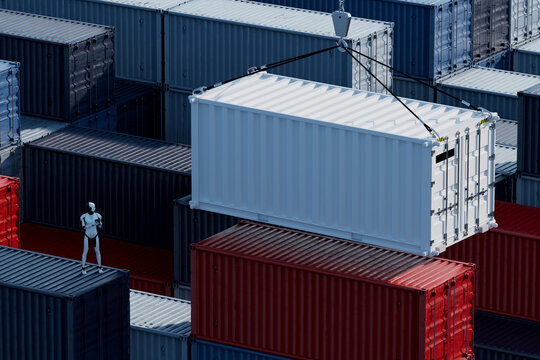 3D suspended cargo container with crane lift and port stack