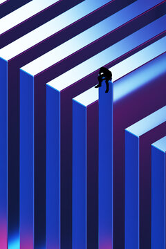 3D blue abstract pillar with seated silhouette and depth