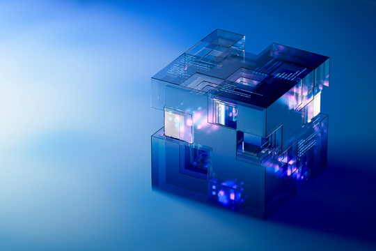 3D glass data cube with neon code and blue interface
