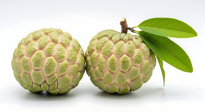 Fresh green sugar apples with leaves isolated on a clean white background