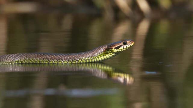 Water snake with textured brown and yellow scales swimming across a calm pond, head held above water level, creating a mirror reflection on the still surface in a natural wetland habitat.