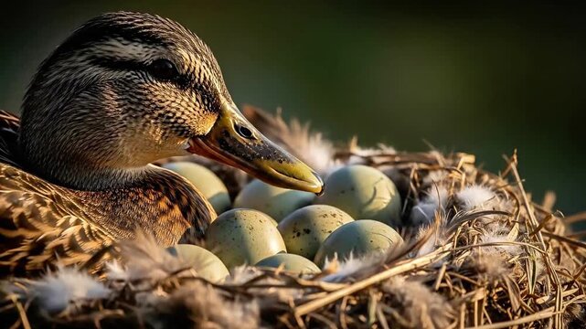 Cinematic close-up of a wild duck in its natural habitat nest