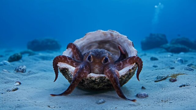 Captivating image of an octopus nestled inside a seashell on the seafloor