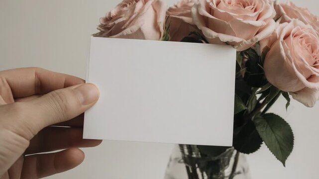 Hand holding blank card in front of bouquet of pink roses in a clear vase, showcasing floral arrangement with soft lighting and neutral background for greeting or message