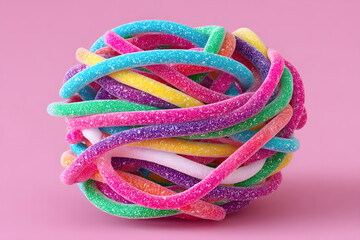 Colorful tangled ball of multi-colored sugar-coated gummy strings and sour candy laces arranged in a sphere, isolated on a bright pink background, perfect for sweet food and snack themes.