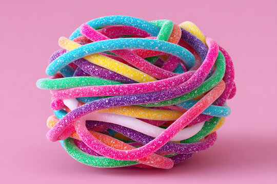 Colorful tangled ball of multi-colored sugar-coated gummy strings and sour candy laces arranged in a sphere, isolated on a bright pink background, perfect for sweet food and snack themes.