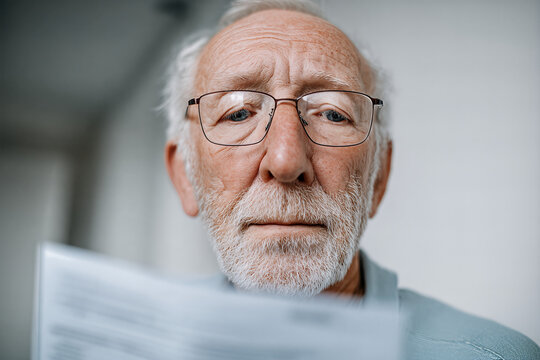 Elderly retiree with thin metal glasses and white beard, in a light - blue sweater, intently reading a medication leaflet indoors with a focused expression
