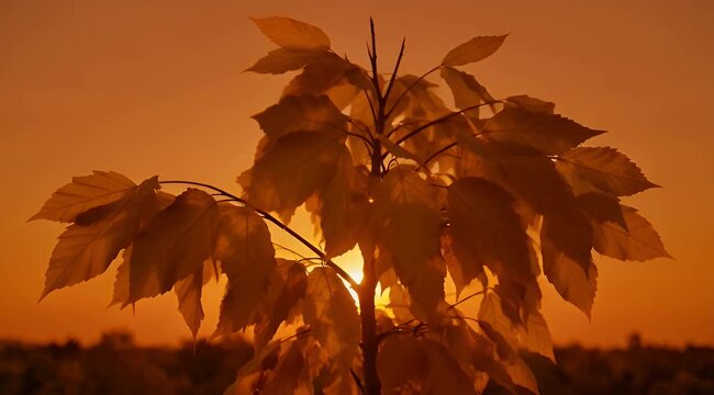 Warm golden light shining through the leaves of a young tree sapling