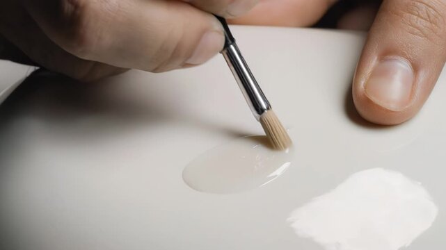 Hand applying touch-up paint with a fine brush on a white ceramic surface, showcasing meticulous detail in a well-lit indoor workspace