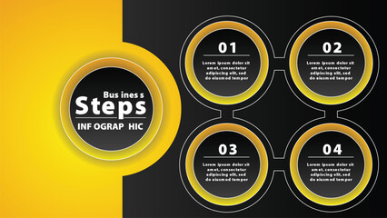 Fototapeta premium Four step circular infographic with modern yellow highlight and minimal dark background