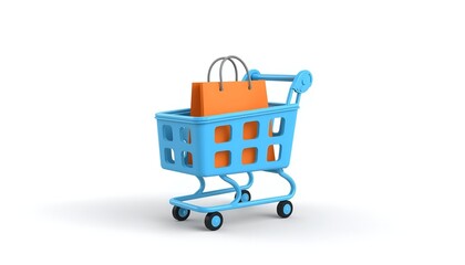 Fototapeta premium 3D Blue Shopping Cart with Orange Paper Bag Isolated on White Background for E-commerce and Online Retail Store Concept