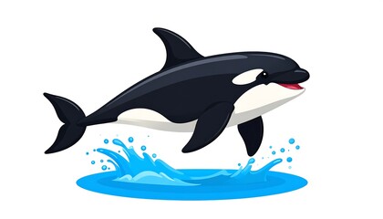 Obraz premium Cartoon orca jumps from the water, splashing. Simple digital illustration against a plain white background