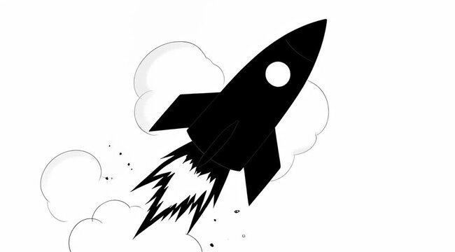 Black and white cartoon style illustration of a rocket taking off into space