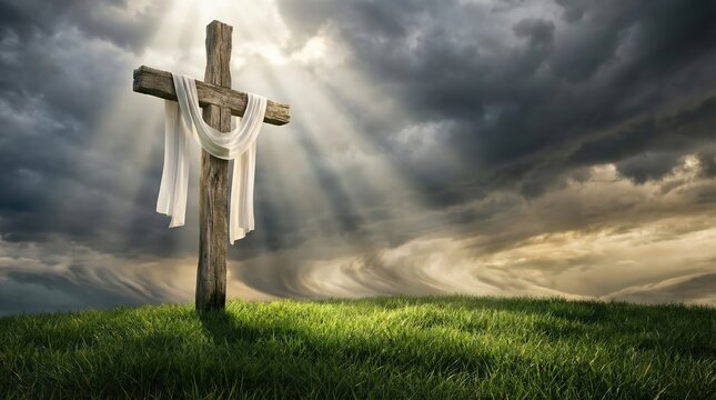 Wooden cross with a white cloth draped over it standing on a grassy hill under a dramatic stormy sky with bright light rays breaking through the dark clouds during a sunset or sunrise