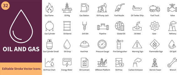 Oil and gas industry line icon set for energy production and petroleum engineering © qawi