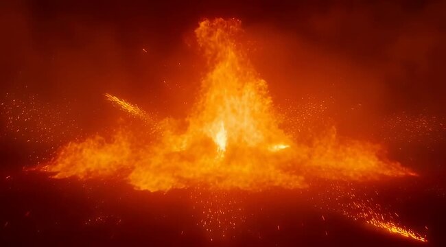 Intense inferno displaying enormous firestorm with bright flames and scattered burning embers