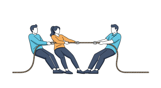 Three office workers in a competitive tug of war game with two people on one side and one on the other pulling a rope.
