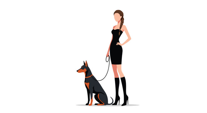 Elegant woman in a black mini dress and tall boots posing with a Doberman Pinscher sitting next to her on a leash.